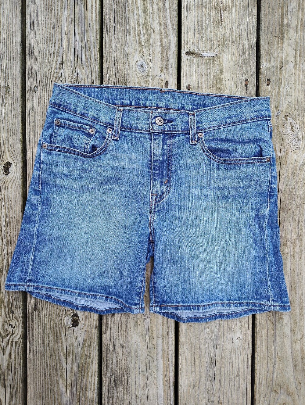 Levis Sz 31 / 12 Stretchy Blue Jean Shorts 9.5" Rise  Finished Hem 6" Inseam
